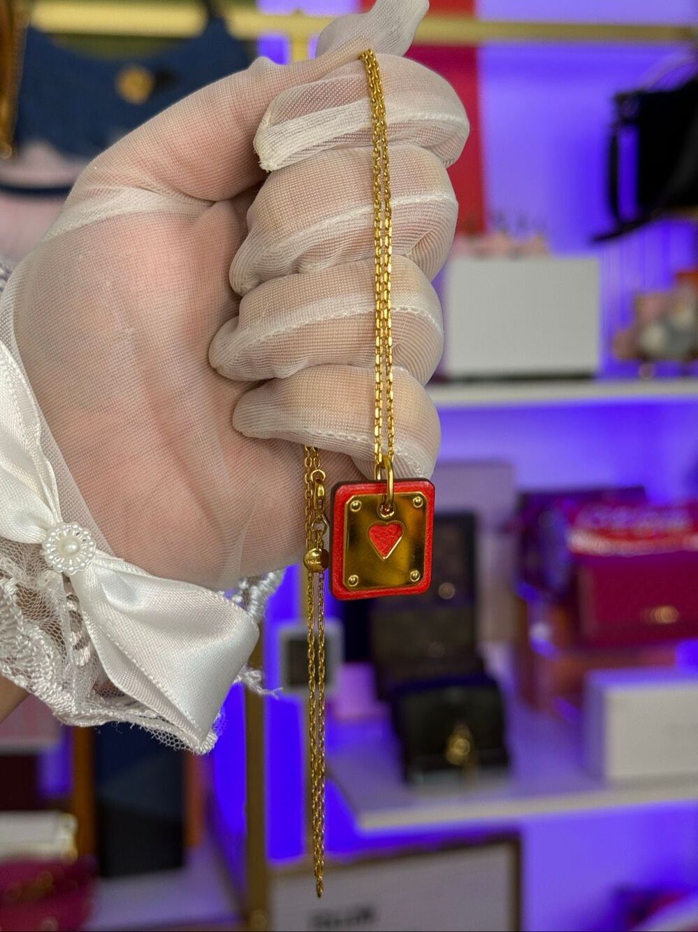 Hermes As de Coeur PM Heart Motif GP x Leather Pendant Red Gold Necklace